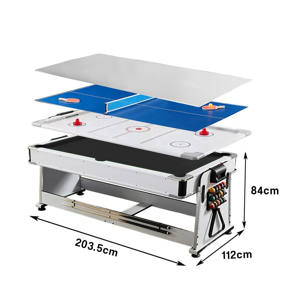 VERSA 4-IN-1 7/8FT Convertible Table with White Frame for Air Hockey, Pool Billiards, Dining, and Table Tennis with Free Accessories - Black Felt