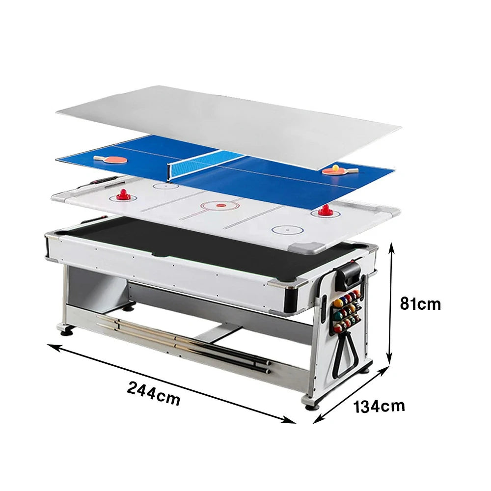 VERSA 4-IN-1 7/8FT Convertible Table with White Frame for Air Hockey, Pool Billiards, Dining, and Table Tennis with Free Accessories - Black Felt
