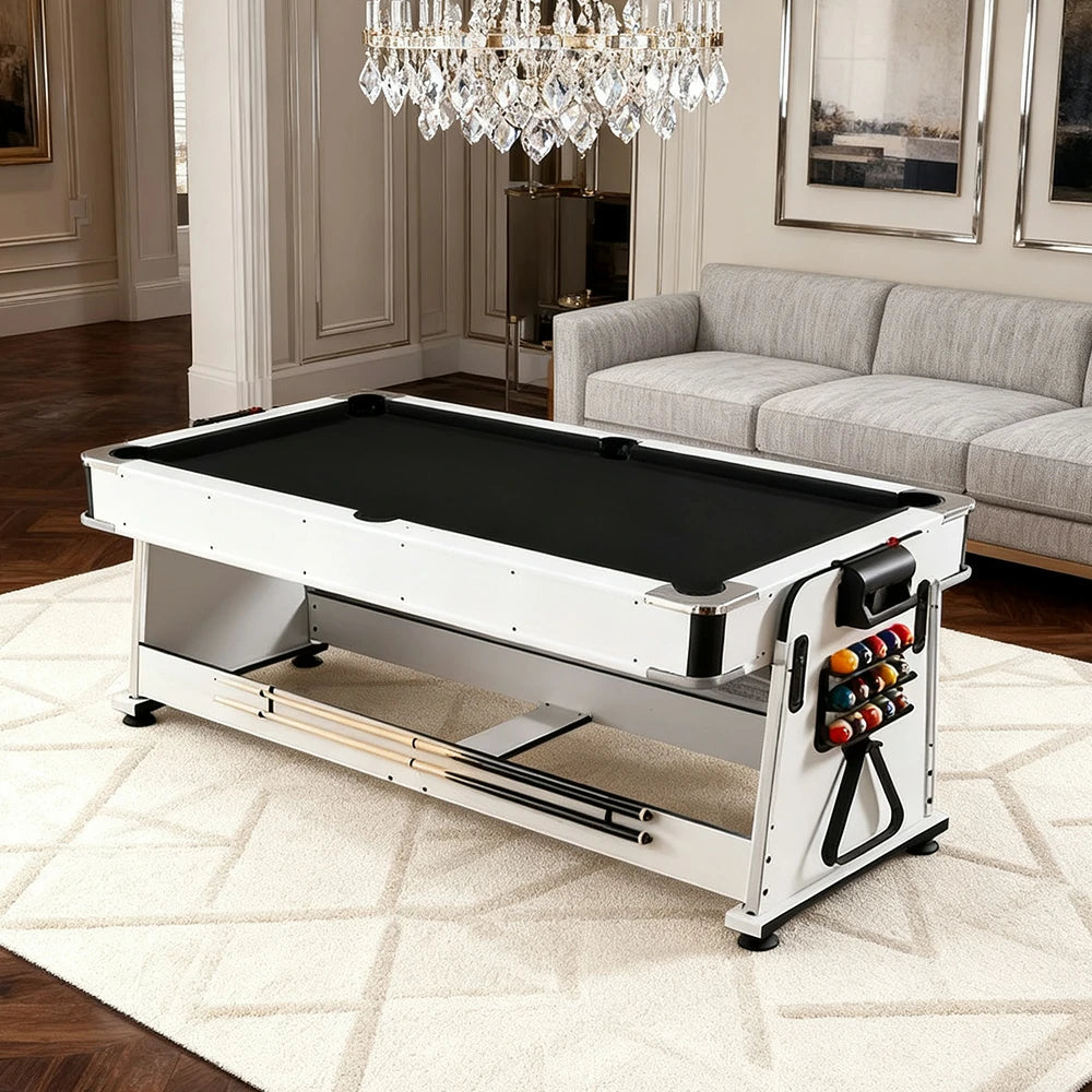VERSA 4-IN-1 7/8FT Convertible Table with White Frame for Air Hockey, Pool Billiards, Dining, and Table Tennis with Free Accessories - Black Felt