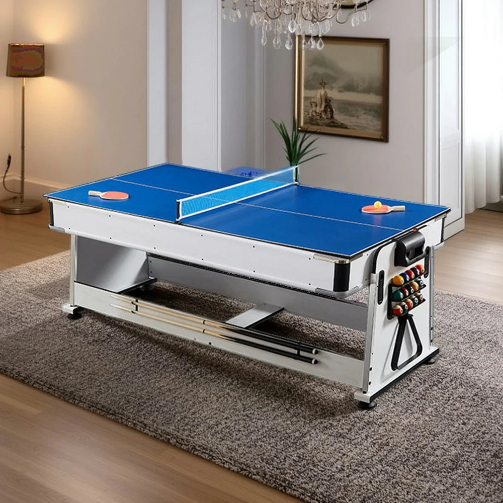 VERSA 4-IN-1 7/8FT Convertible Table with White Frame for Air Hockey, Pool Billiards, Dining, and Table Tennis with Free Accessories - Black Felt