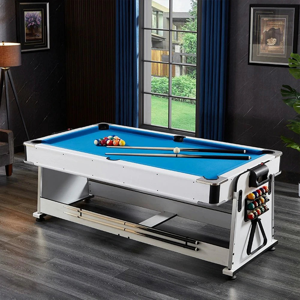 VERSA 4-IN-1 7/8FT Convertible Table with White Frame for Air Hockey, Pool Billiards, Dining, and Table Tennis with Free Accessories - Blue Felt