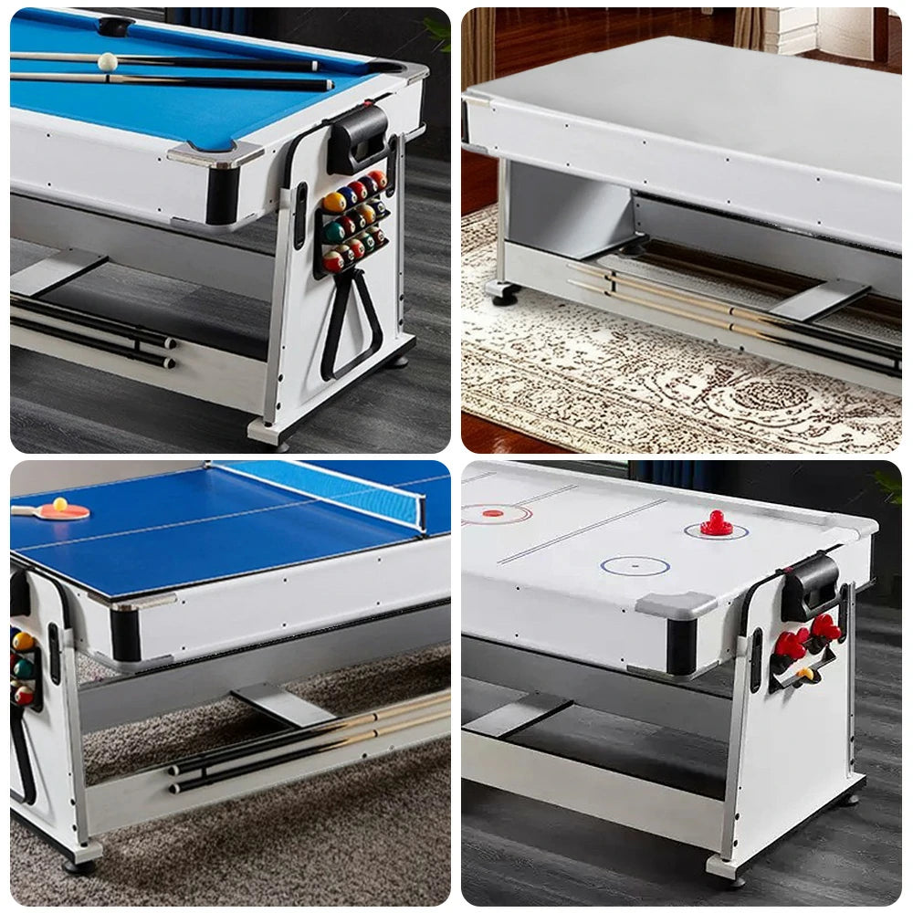 VERSA 4-IN-1 7/8FT Convertible Table with White Frame for Air Hockey, Pool Billiards, Dining, and Table Tennis with Free Accessories - Blue Felt