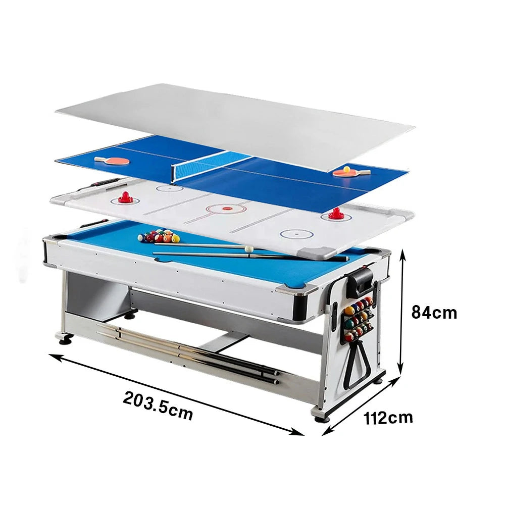 VERSA 4-IN-1 7/8FT Convertible Table with White Frame for Air Hockey, Pool Billiards, Dining, and Table Tennis with Free Accessories - Blue Felt