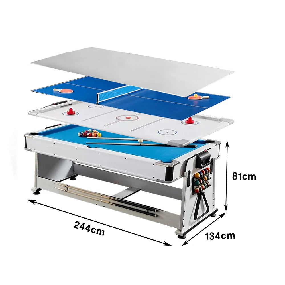 VERSA 4-IN-1 7/8FT Convertible Table with White Frame for Air Hockey, Pool Billiards, Dining, and Table Tennis with Free Accessories - Blue Felt