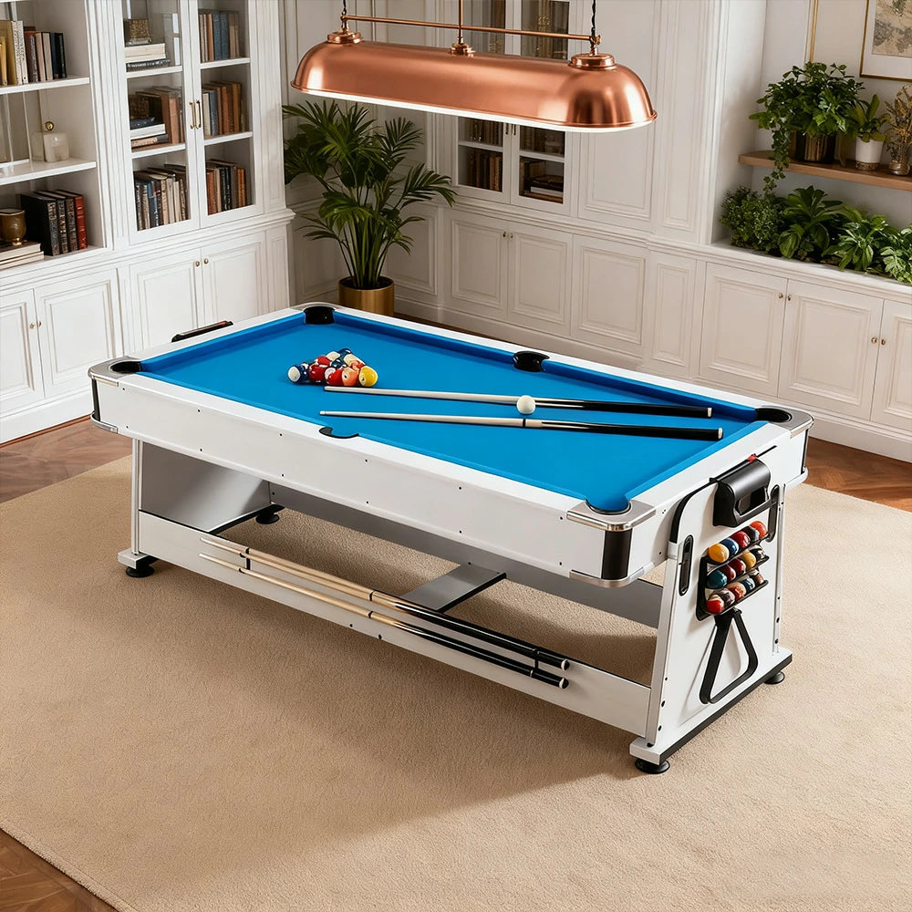 VERSA 4-IN-1 7/8FT Convertible Table with White Frame for Air Hockey, Pool Billiards, Dining, and Table Tennis with Free Accessories - Blue Felt