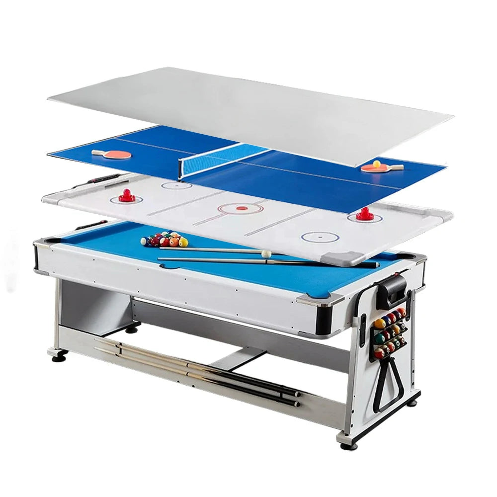 VERSA 4-IN-1 7/8FT Convertible Table with White Frame for Air Hockey, Pool Billiards, Dining, and Table Tennis with Free Accessories - Blue Felt