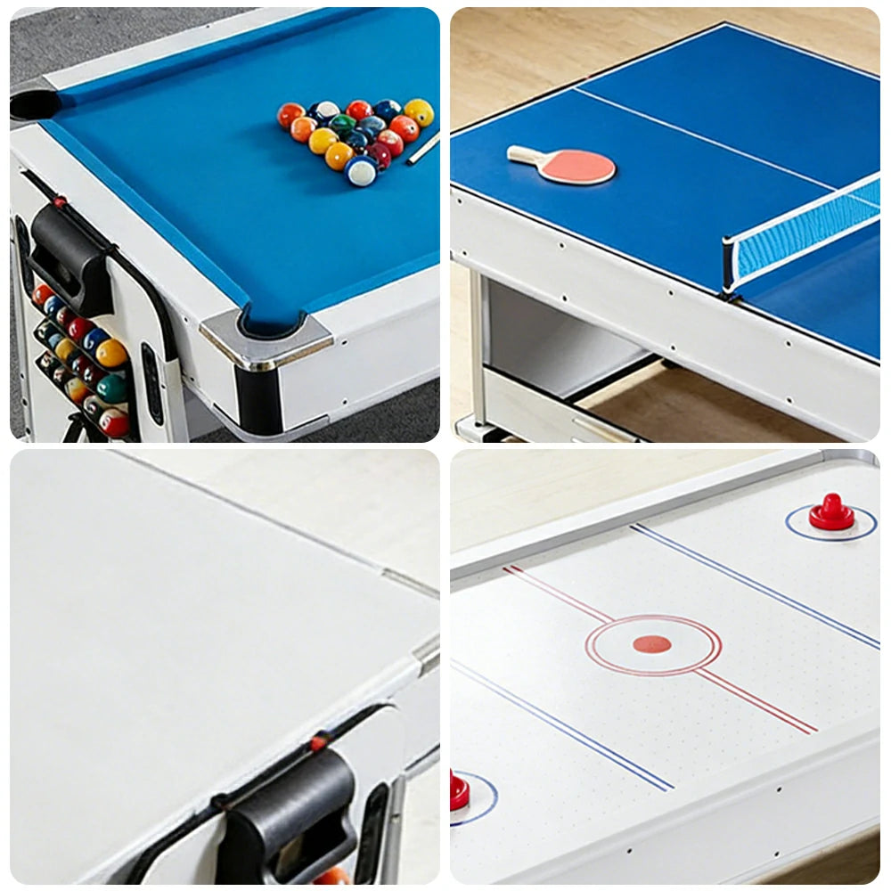 VERSA NEW 2026 UPGRADE MODEL 4-IN-1 6FT Convertible Game Table – Air Hockey, Pool, Table Tennis & Dining, Space-Saving White Frame, Free Accessories - Blue Felt