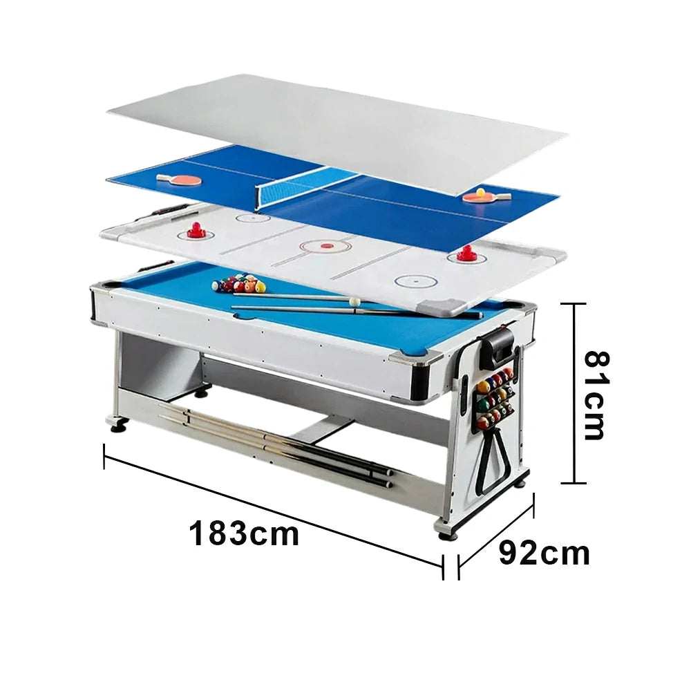 VERSA NEW 2026 UPGRADE MODEL 4-IN-1 6FT Convertible Game Table – Air Hockey, Pool, Table Tennis & Dining, Space-Saving White Frame, Free Accessories - Blue Felt