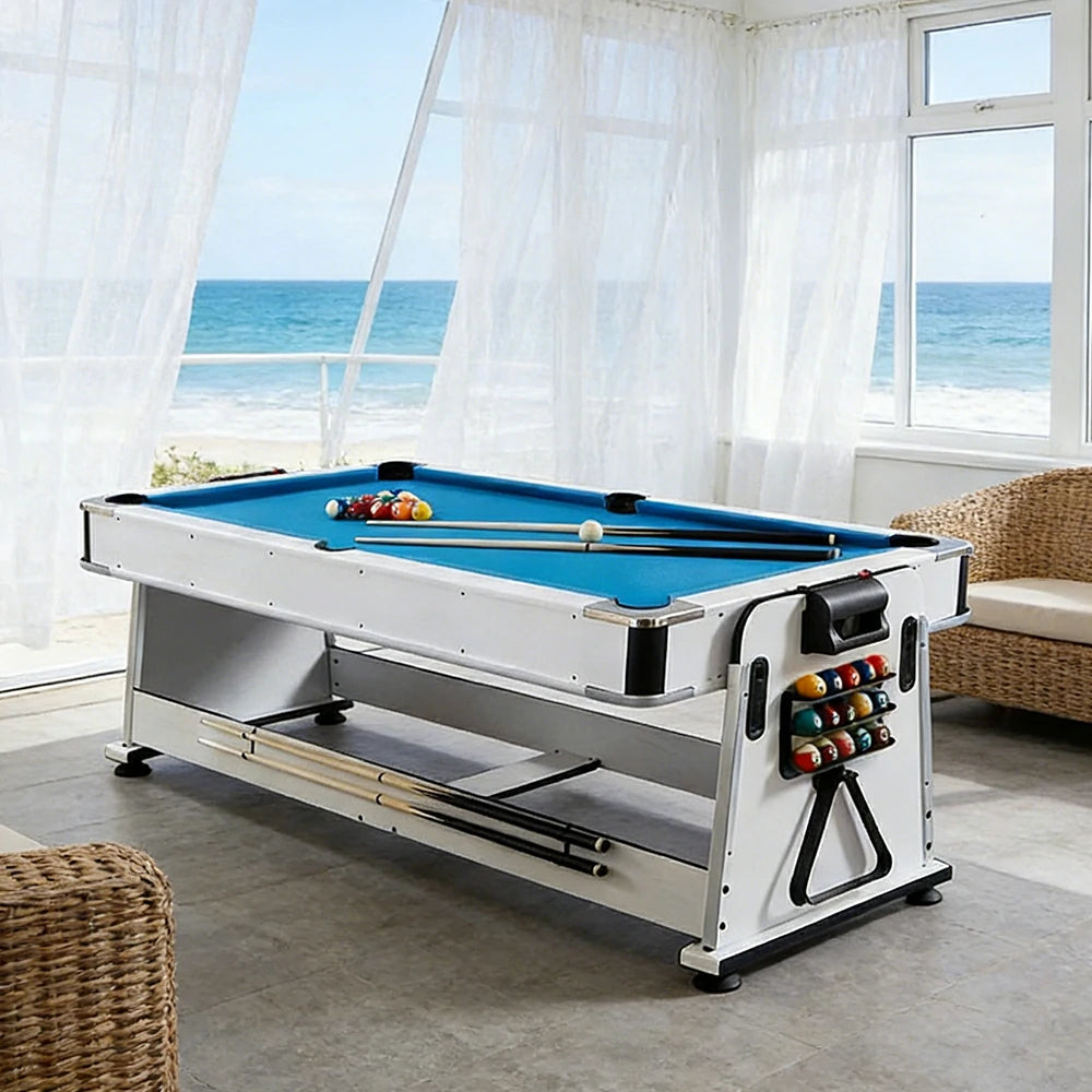 VERSA NEW 2026 UPGRADE MODEL 4-IN-1 6FT Convertible Game Table – Air Hockey, Pool, Table Tennis & Dining, Space-Saving White Frame, Free Accessories - Blue Felt