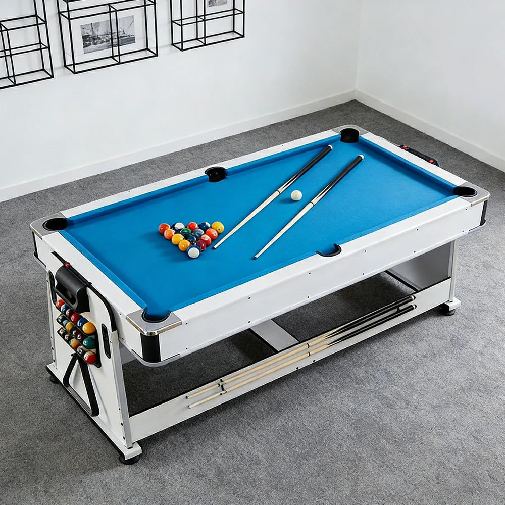 VERSA NEW 2026 UPGRADE MODEL 4-IN-1 6FT Convertible Game Table – Air Hockey, Pool, Table Tennis & Dining, Space-Saving White Frame, Free Accessories - Blue Felt