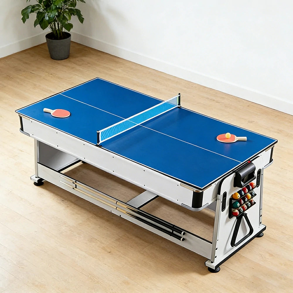 VERSA NEW 2026 UPGRADE MODEL 4-IN-1 6FT Convertible Game Table – Air Hockey, Pool, Table Tennis & Dining, Space-Saving White Frame, Free Accessories - Blue Felt
