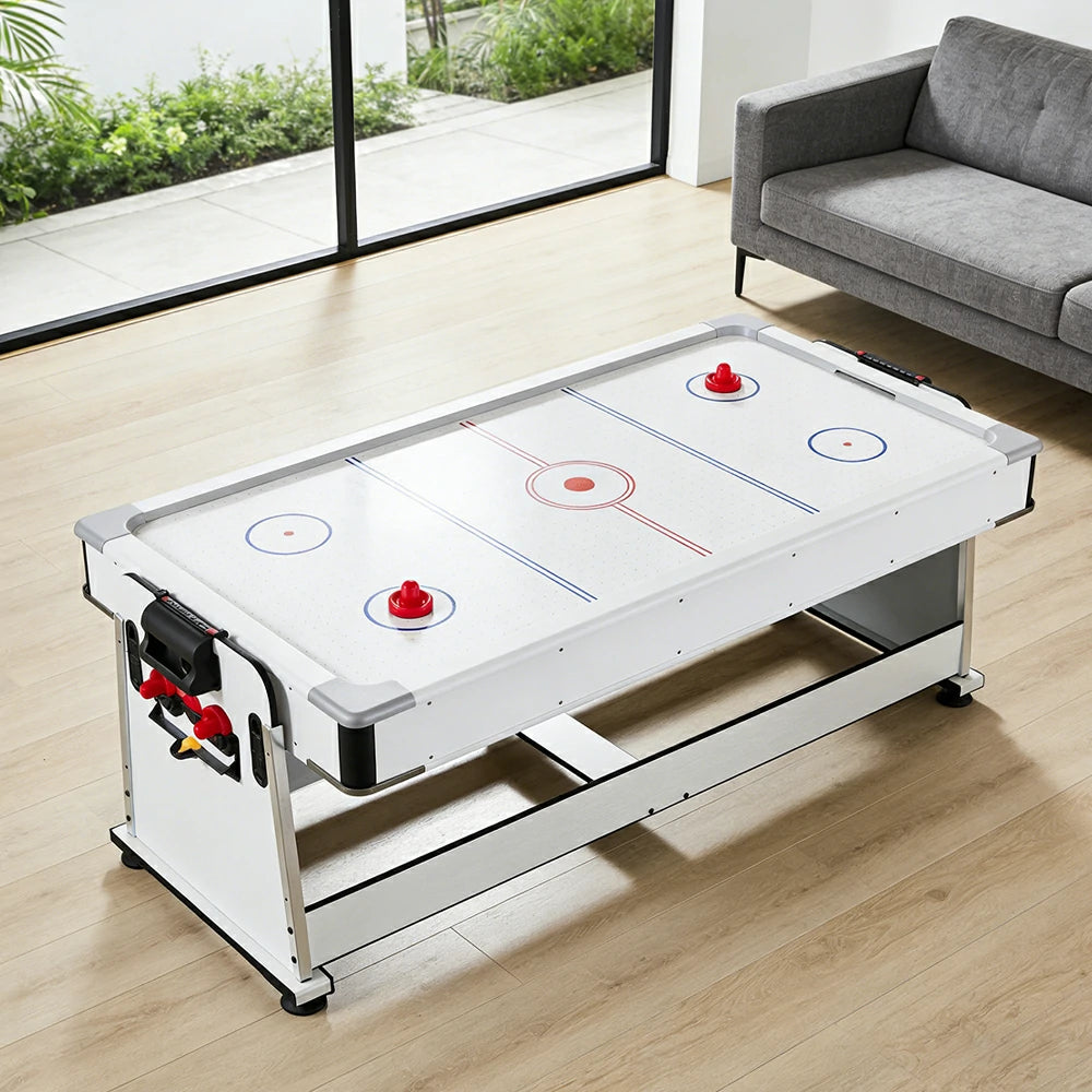 VERSA NEW 2026 UPGRADE MODEL 4-IN-1 6FT Convertible Game Table – Air Hockey, Pool, Table Tennis & Dining, Space-Saving White Frame, Free Accessories - Blue Felt
