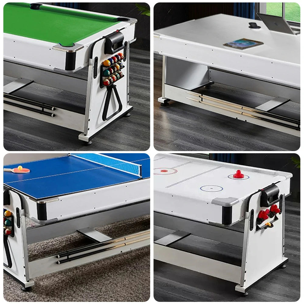 VERSA 4-IN-1 7/8FT Convertible Table with White Frame for Air Hockey, Pool Billiards, Dining, and Table Tennis with Free Accessories - Green Felt
