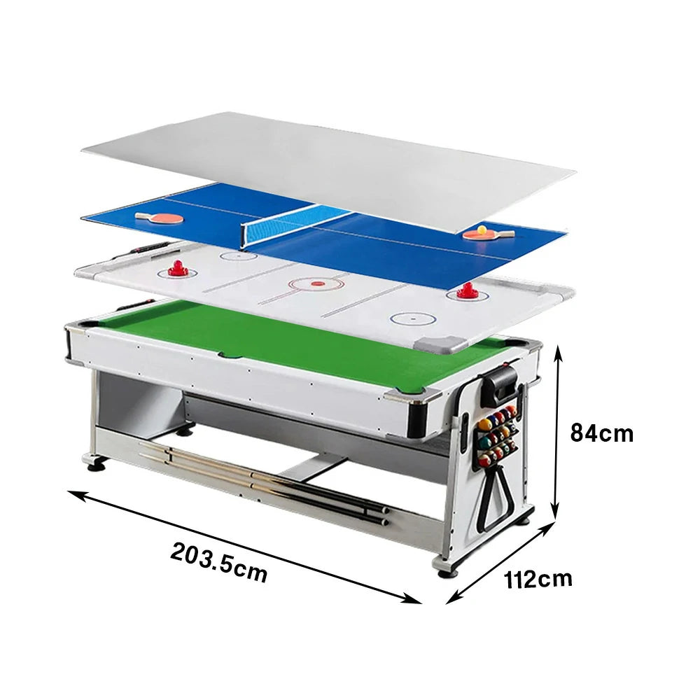 VERSA 4-IN-1 7/8FT Convertible Table with White Frame for Air Hockey, Pool Billiards, Dining, and Table Tennis with Free Accessories - Green Felt
