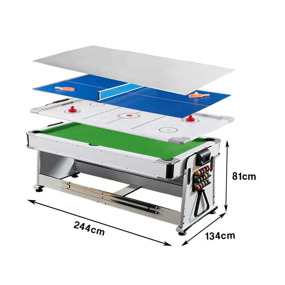 VERSA 4-IN-1 7/8FT Convertible Table with White Frame for Air Hockey, Pool Billiards, Dining, and Table Tennis with Free Accessories - Green Felt