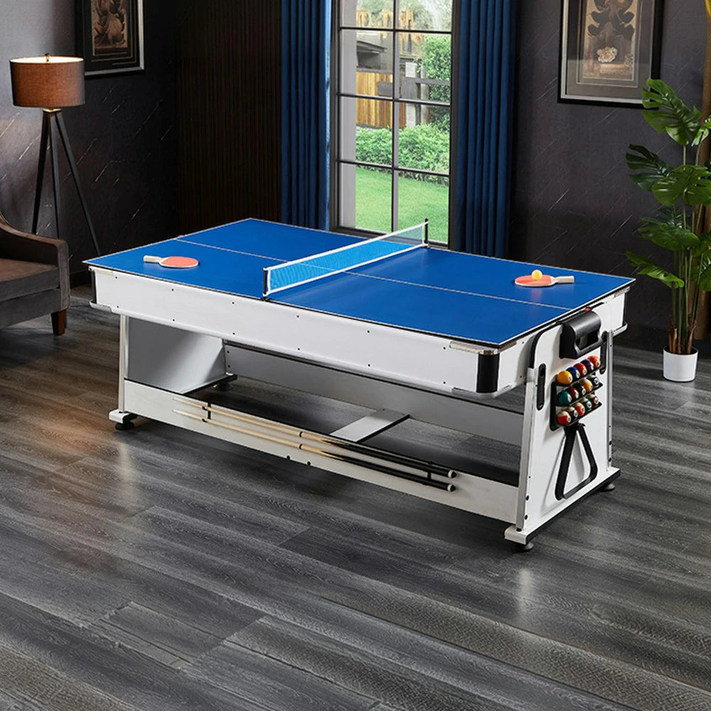 VERSA 4-IN-1 7/8FT Convertible Table with White Frame for Air Hockey, Pool Billiards, Dining, and Table Tennis with Free Accessories - Green Felt