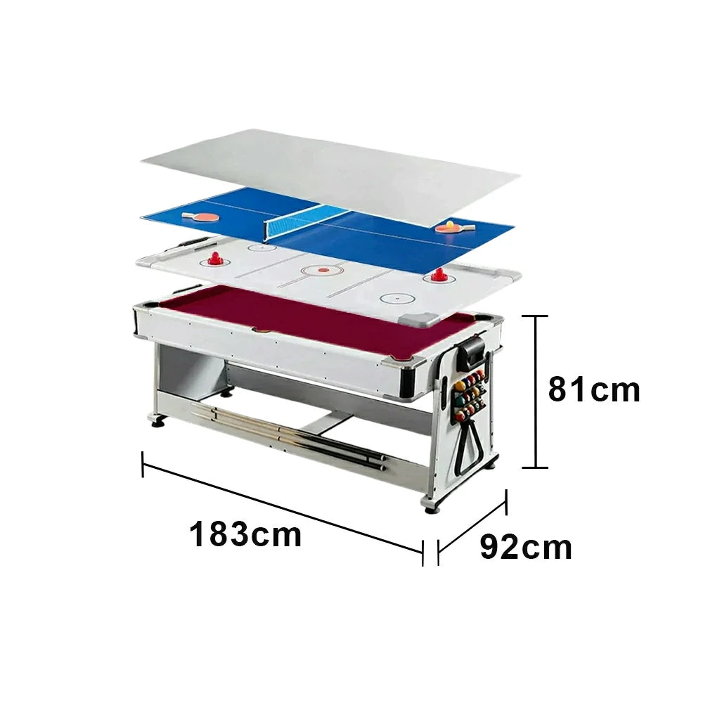 VERSA NEW 2026 UPGRADE MODEL 4-IN-1 6FT Convertible Game Table – Air Hockey, Pool, Table Tennis & Dining, Space-Saving White Frame, Free Accessories - Red Felt