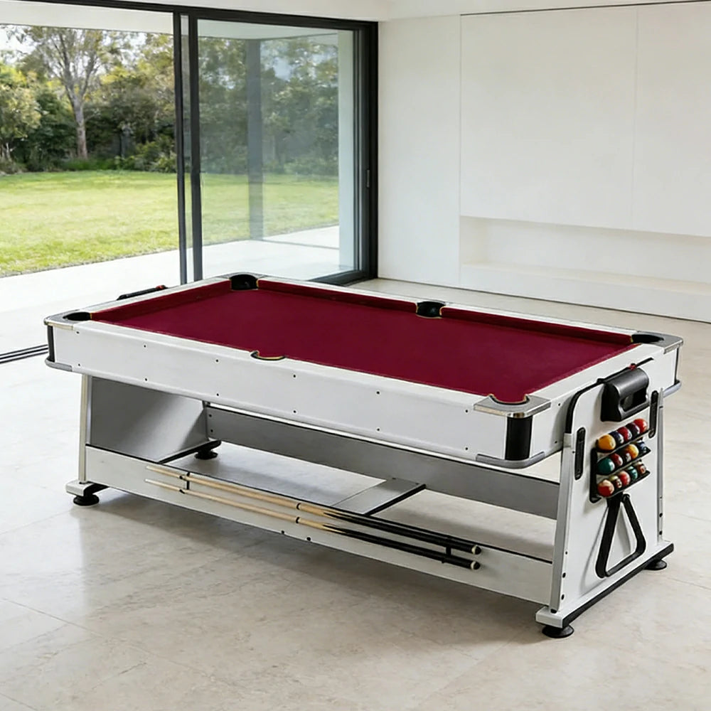 VERSA NEW 2026 UPGRADE MODEL 4-IN-1 6FT Convertible Game Table – Air Hockey, Pool, Table Tennis & Dining, Space-Saving White Frame, Free Accessories - Red Felt