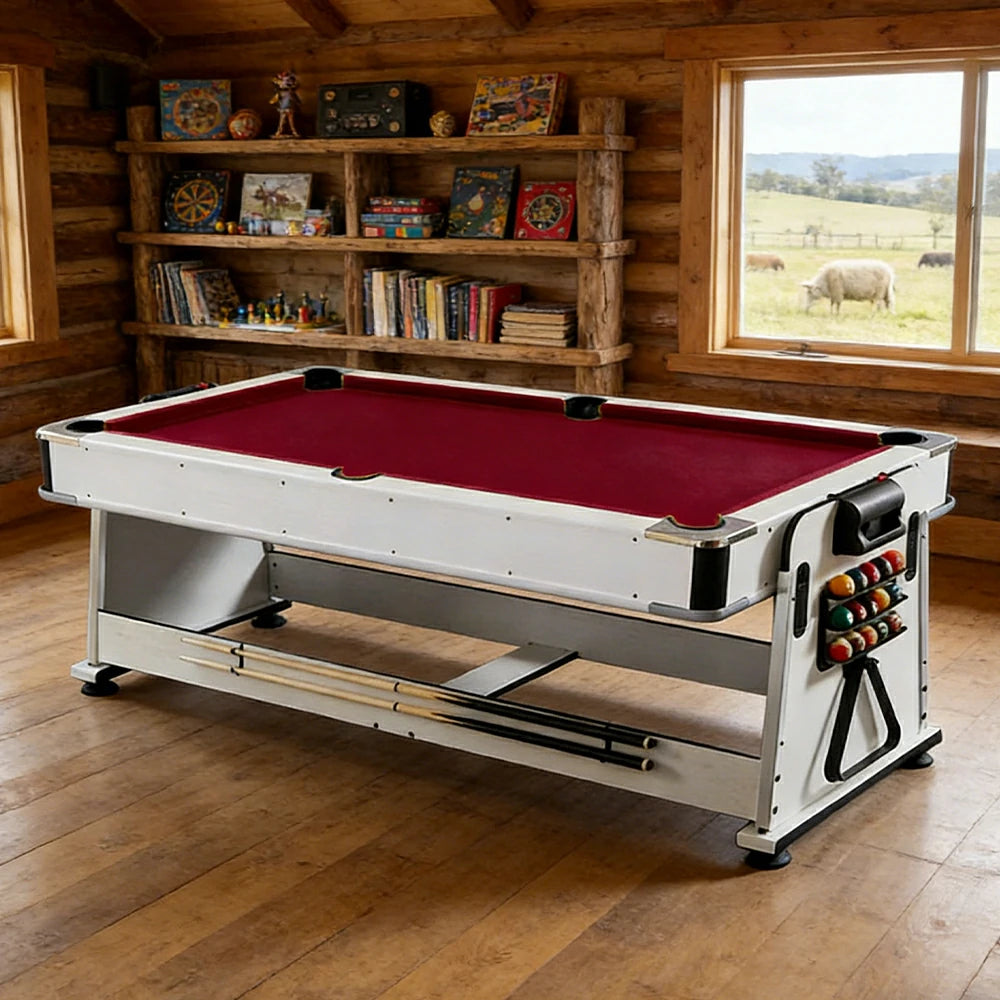 VERSA NEW 2026 UPGRADE MODEL 4-IN-1 6FT Convertible Game Table – Air Hockey, Pool, Table Tennis & Dining, Space-Saving White Frame, Free Accessories - Red Felt