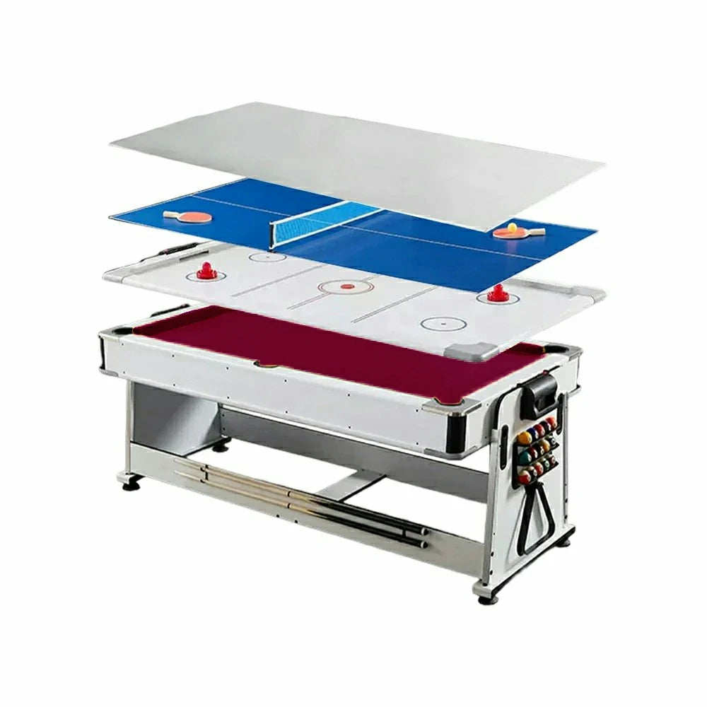 VERSA NEW 2026 UPGRADE MODEL 4-IN-1 6FT Convertible Game Table – Air Hockey, Pool, Table Tennis & Dining, Space-Saving White Frame, Free Accessories - Red Felt