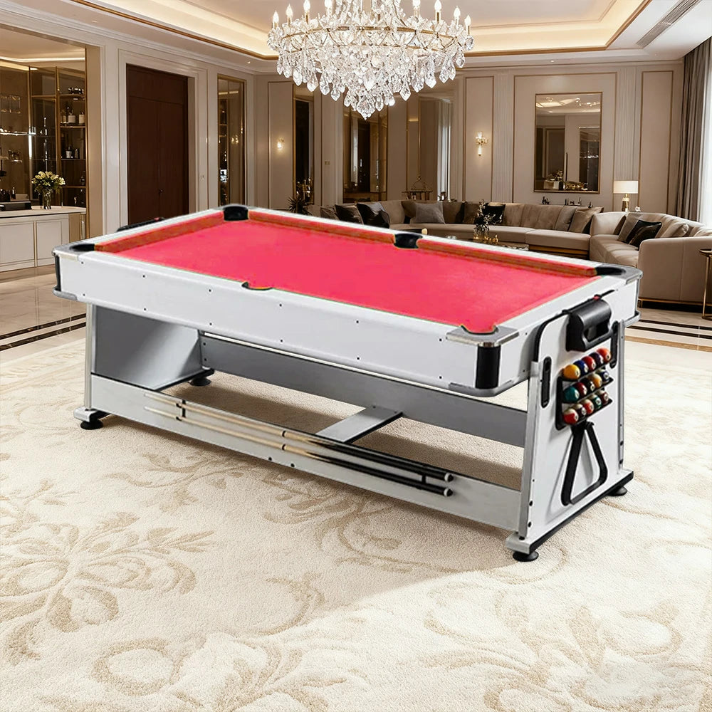 VERSA 4-IN-1 7/8FT Convertible Table with White Frame for Air Hockey, Pool Billiards, Dining, and Table Tennis with Free Accessories - Red Felt