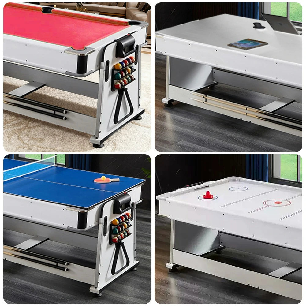 VERSA 4-IN-1 7/8FT Convertible Table with White Frame for Air Hockey, Pool Billiards, Dining, and Table Tennis with Free Accessories - Red Felt