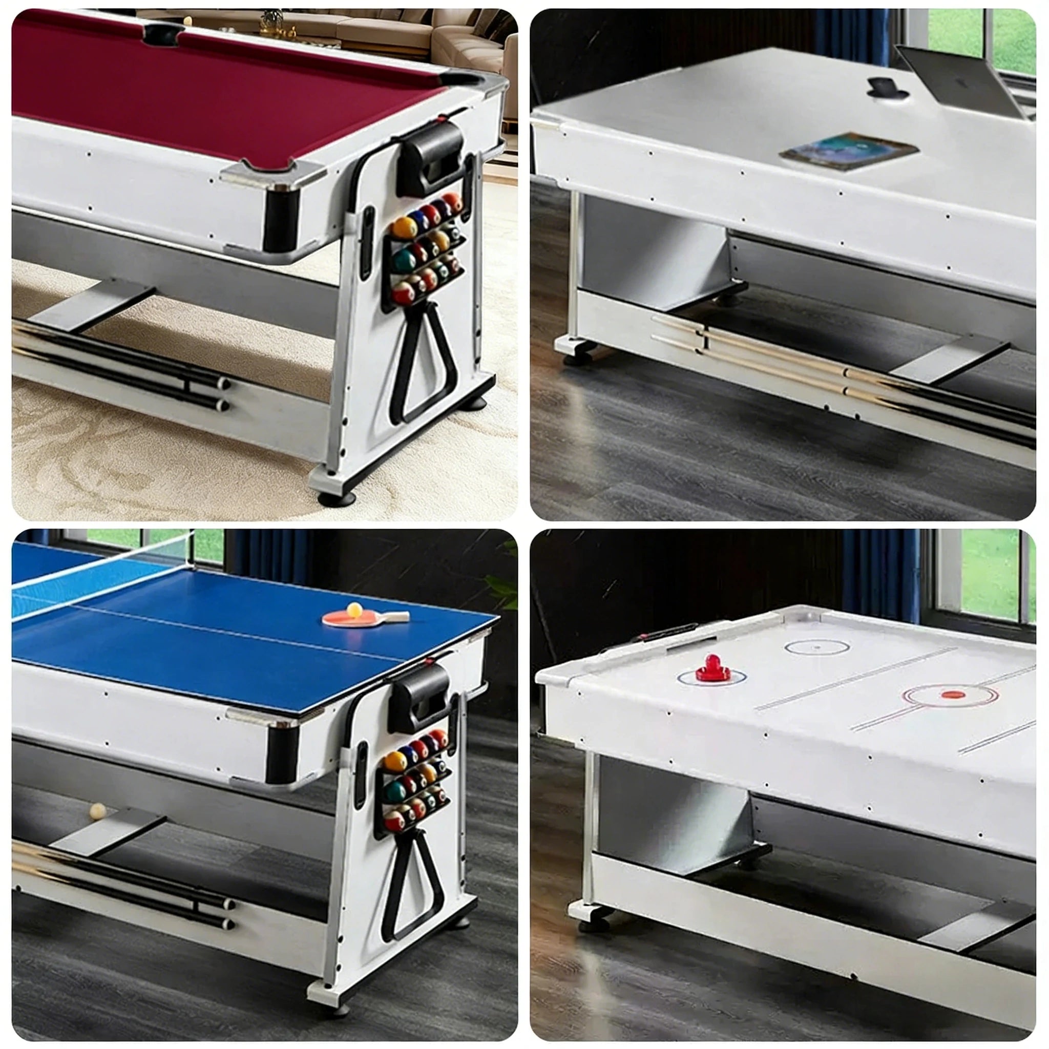 VERSA NEW 2026 UPGRADE MODEL 4-IN-1 7/8FT Convertible Table with White Frame for Air Hockey, Pool Billiards, Dining, and Table Tennis with Free Accessories - Red Felt