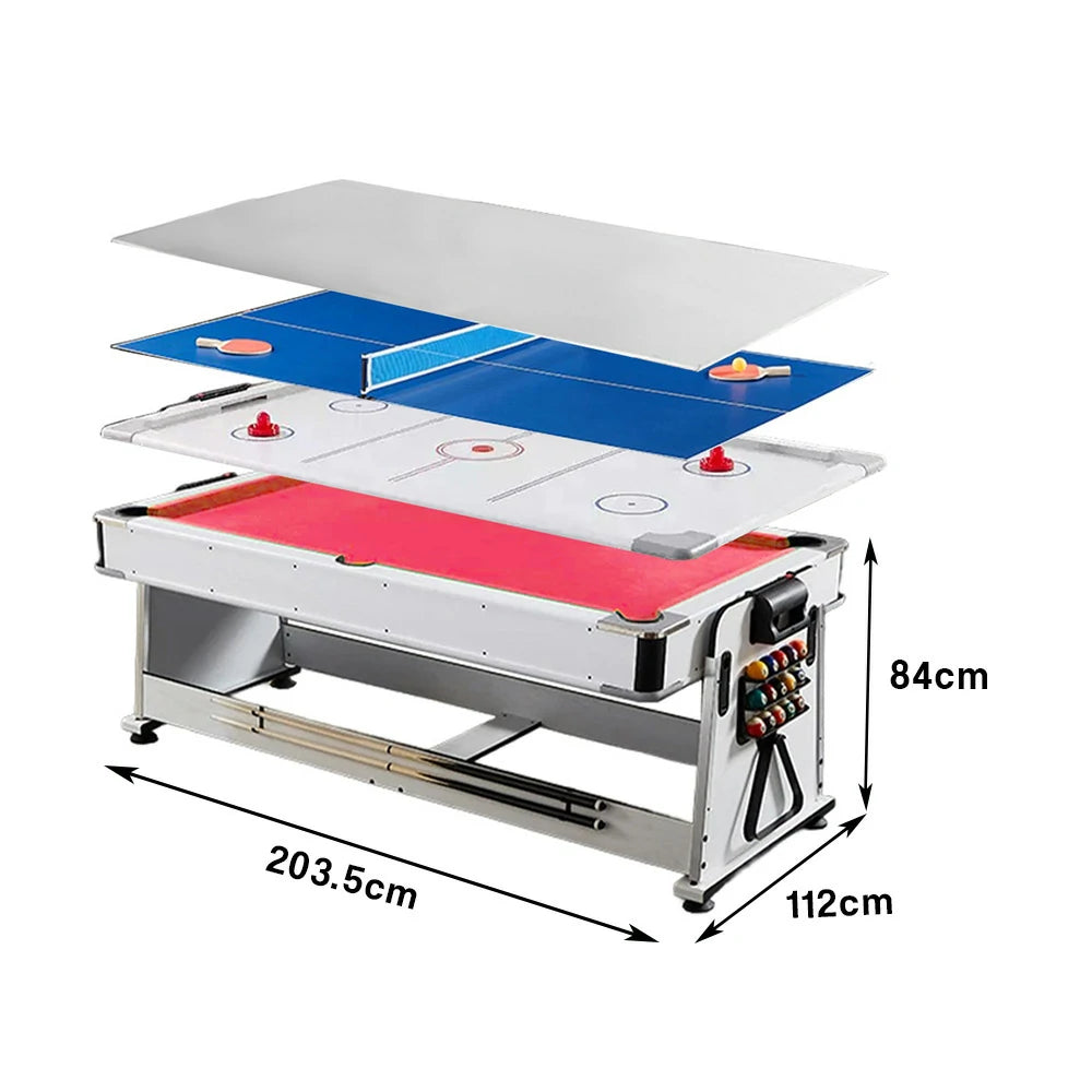 VERSA 4-IN-1 7/8FT Convertible Table with White Frame for Air Hockey, Pool Billiards, Dining, and Table Tennis with Free Accessories - Red Felt