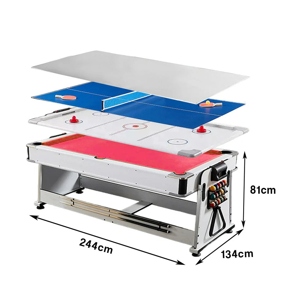 VERSA 4-IN-1 7/8FT Convertible Table with White Frame for Air Hockey, Pool Billiards, Dining, and Table Tennis with Free Accessories - Red Felt