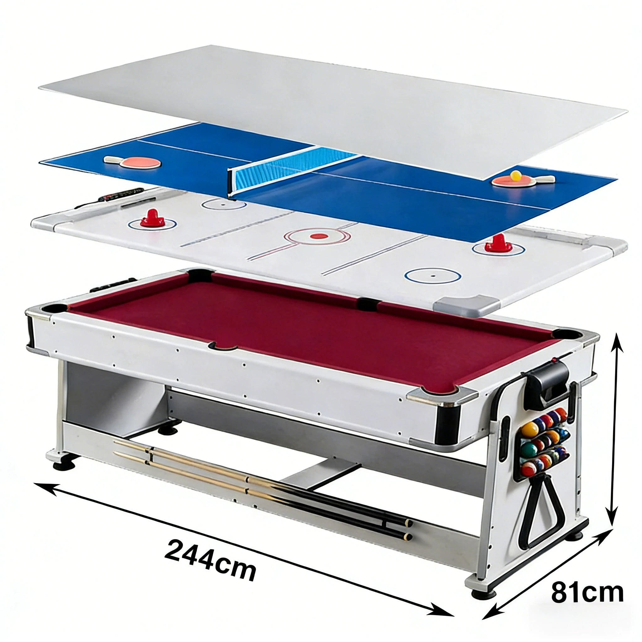 VERSA NEW 2026 UPGRADE MODEL 4-IN-1 7/8FT Convertible Table with White Frame for Air Hockey, Pool Billiards, Dining, and Table Tennis with Free Accessories - Red Felt