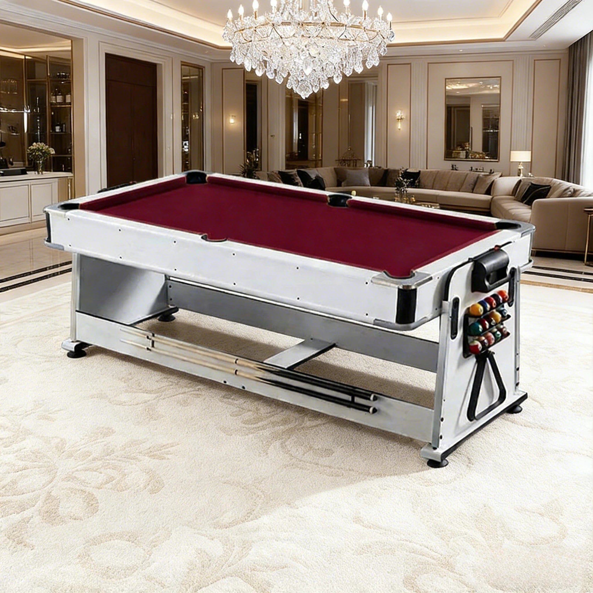 VERSA NEW 2026 UPGRADE MODEL 4-IN-1 7/8FT Convertible Table with White Frame for Air Hockey, Pool Billiards, Dining, and Table Tennis with Free Accessories - Red Felt