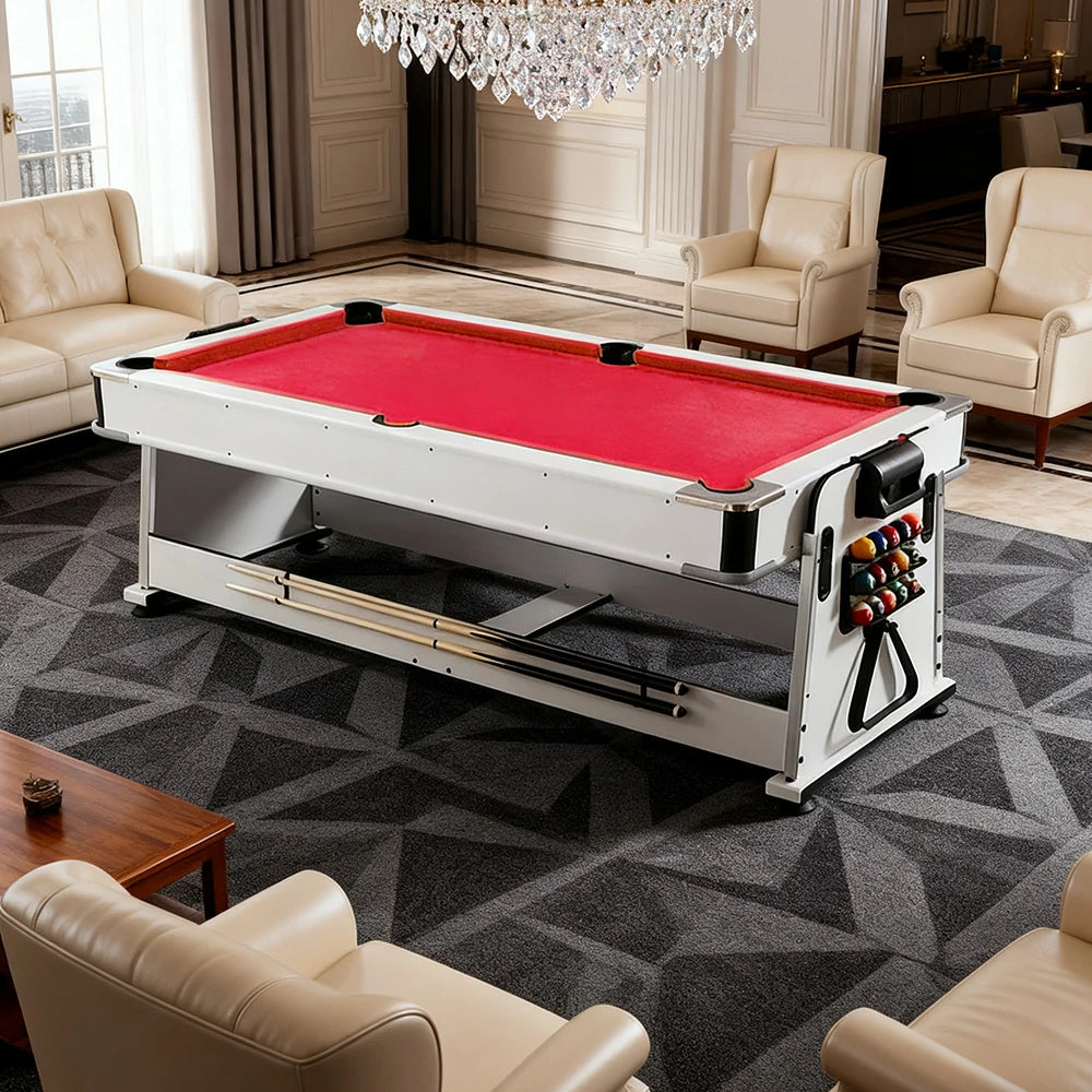 VERSA 4-IN-1 7/8FT Convertible Table with White Frame for Air Hockey, Pool Billiards, Dining, and Table Tennis with Free Accessories - Red Felt
