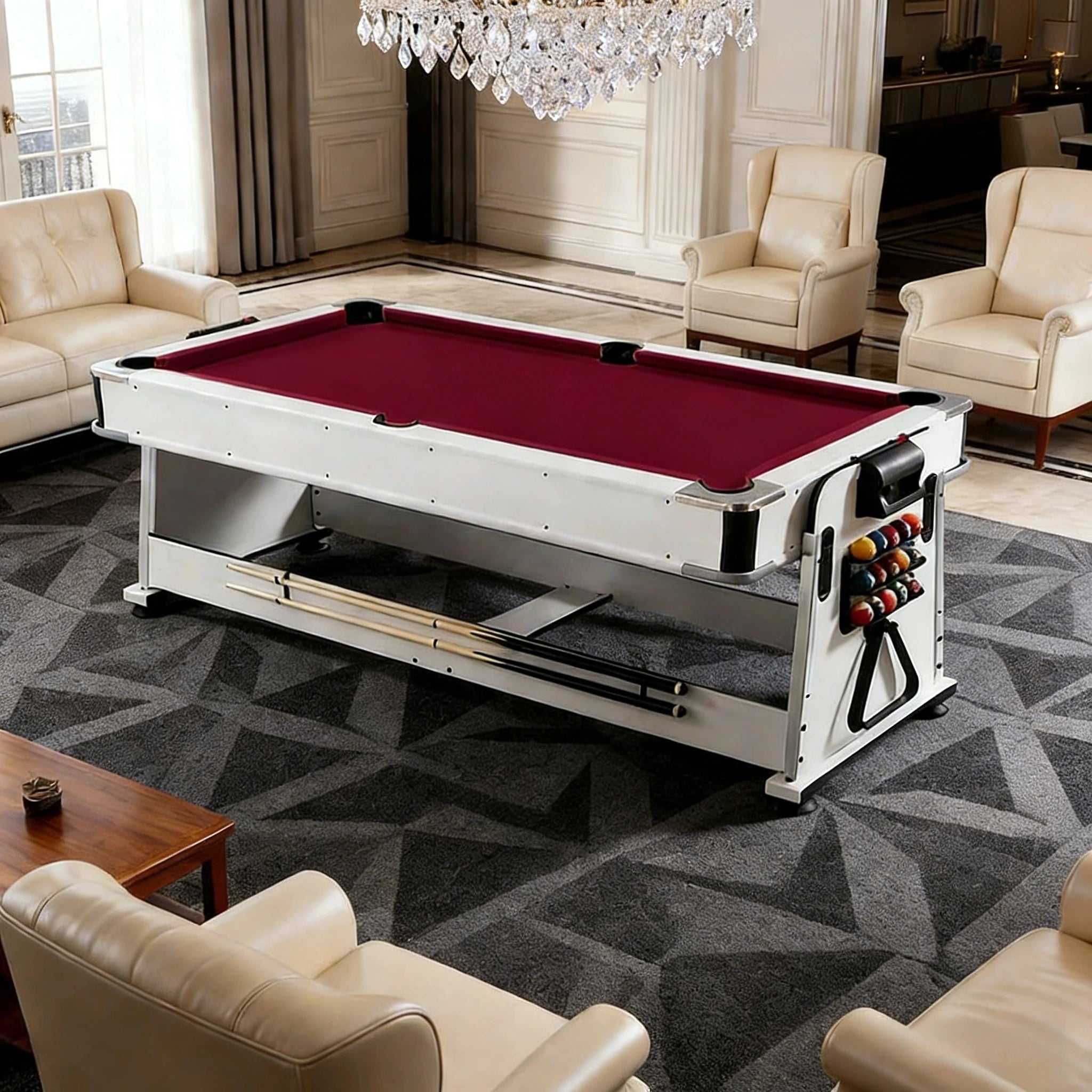 VERSA NEW 2026 UPGRADE MODEL 4-IN-1 7/8FT Convertible Table with White Frame for Air Hockey, Pool Billiards, Dining, and Table Tennis with Free Accessories - Red Felt