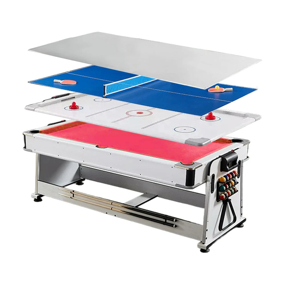 VERSA 4-IN-1 7/8FT Convertible Table with White Frame for Air Hockey, Pool Billiards, Dining, and Table Tennis with Free Accessories - Red Felt