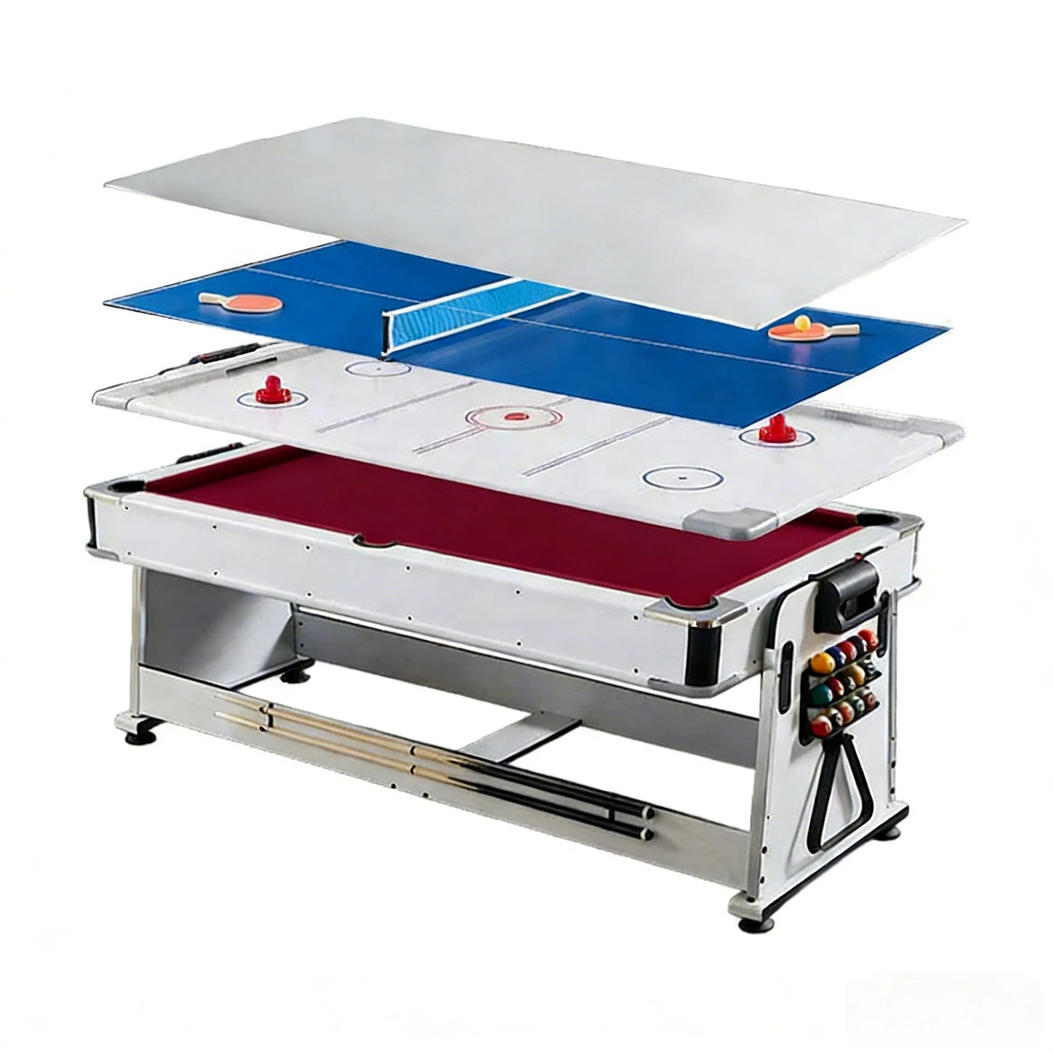 VERSA 4-IN-1 7/8FT Convertible Table with White Frame for Air Hockey, Pool Billiards, Dining, and Table Tennis with Free Accessories - Red Felt