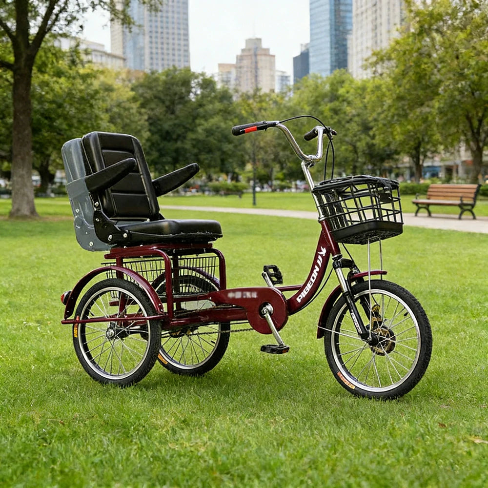 VOLTUS Tricycle High-Carbon Steel Frame 135kg Max Load High-Elastic Shock Absorption Front and Rear Drum Brakes Adjustable Saddle - Red