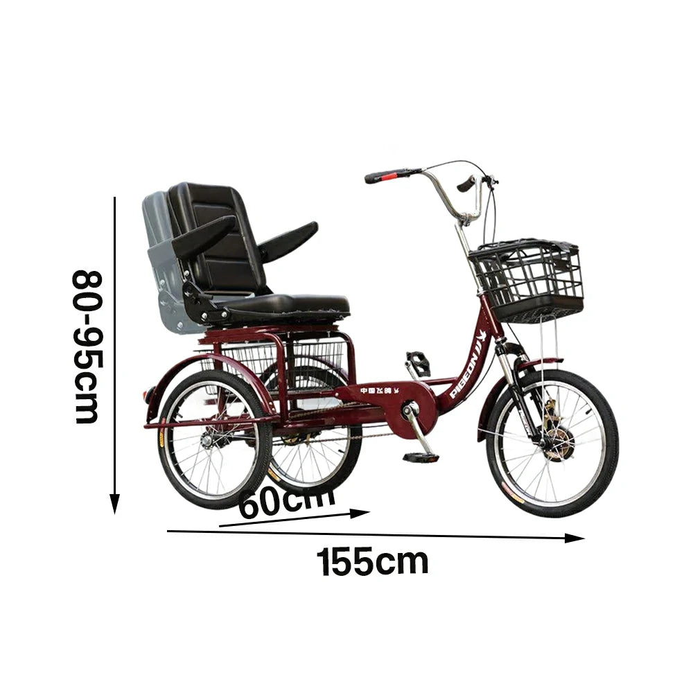 VOLTUS Tricycle High-Carbon Steel Frame 135kg Max Load High-Elastic Shock Absorption Front and Rear Drum Brakes Adjustable Saddle - Red