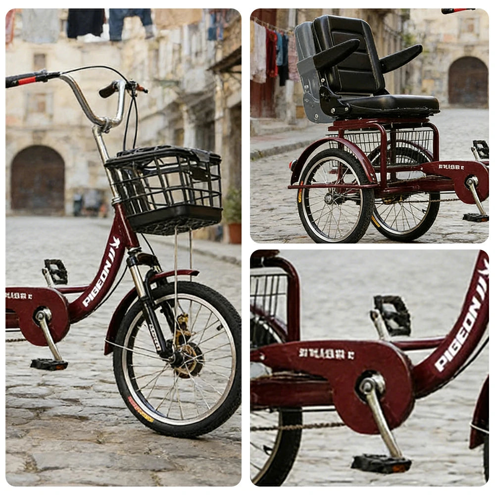 VOLTUS Tricycle High-Carbon Steel Frame 135kg Max Load High-Elastic Shock Absorption Front and Rear Drum Brakes Adjustable Saddle - Red