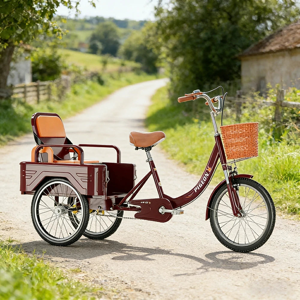 VOLTUS Tricycle High-Strength Steel Frame 300kg Max Load Dual-Shoulder Suspension Front and Rear Dual Brakes Adjustable Rear Seat Large Storage Basket - Red