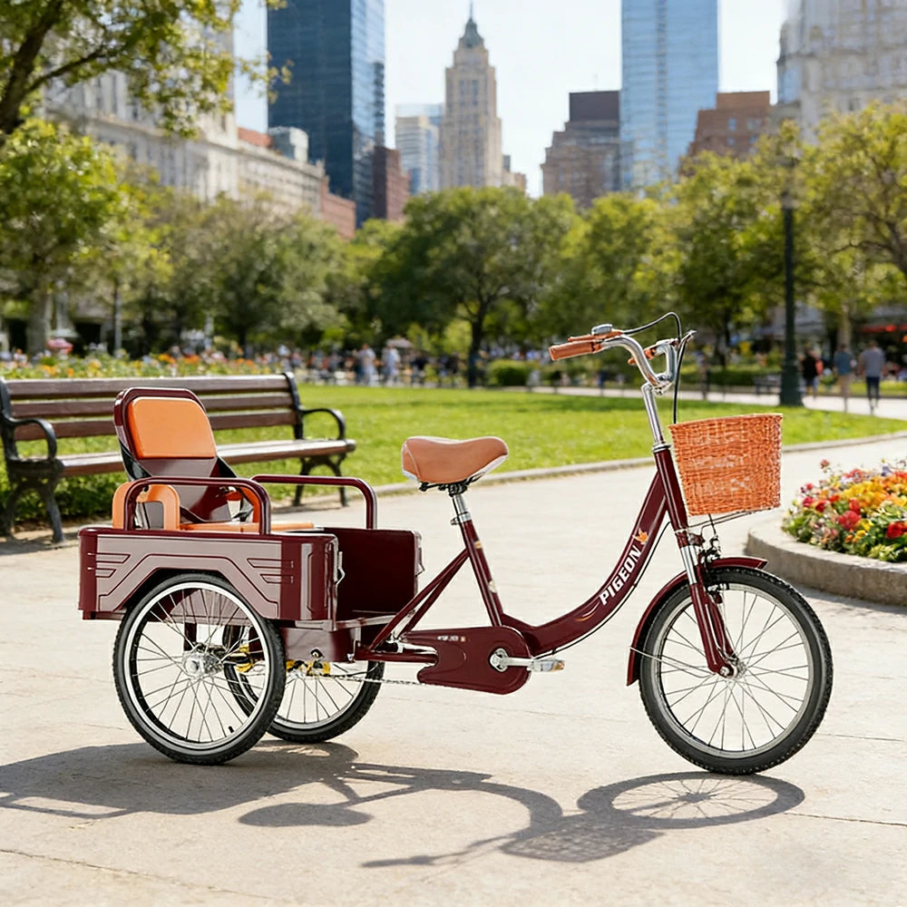 VOLTUS Tricycle High-Strength Steel Frame 300kg Max Load Dual-Shoulder Suspension Front and Rear Dual Brakes Adjustable Rear Seat Large Storage Basket - Red