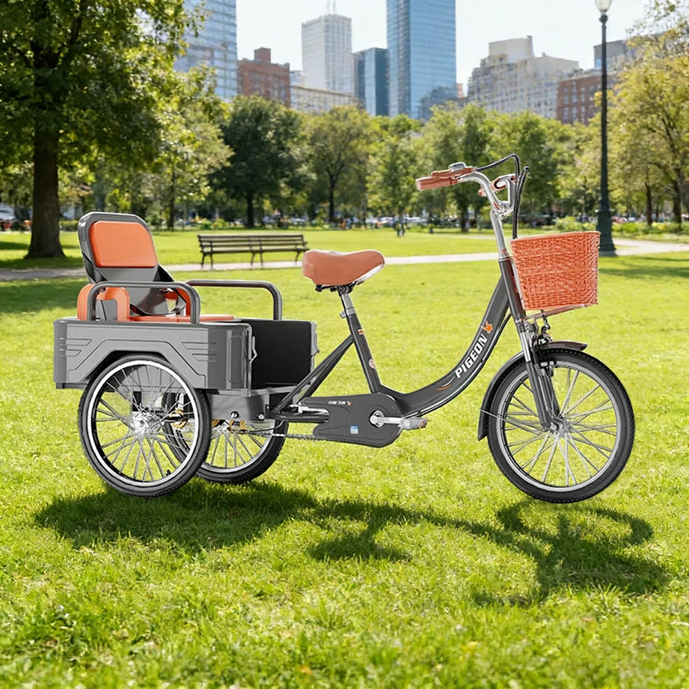 VOLTUS Tricycle High-Strength Steel Frame 300kg Max Load Dual-Shoulder Suspension Front and Rear Dual Brakes Adjustable Rear Seat Large Storage Basket - Grey