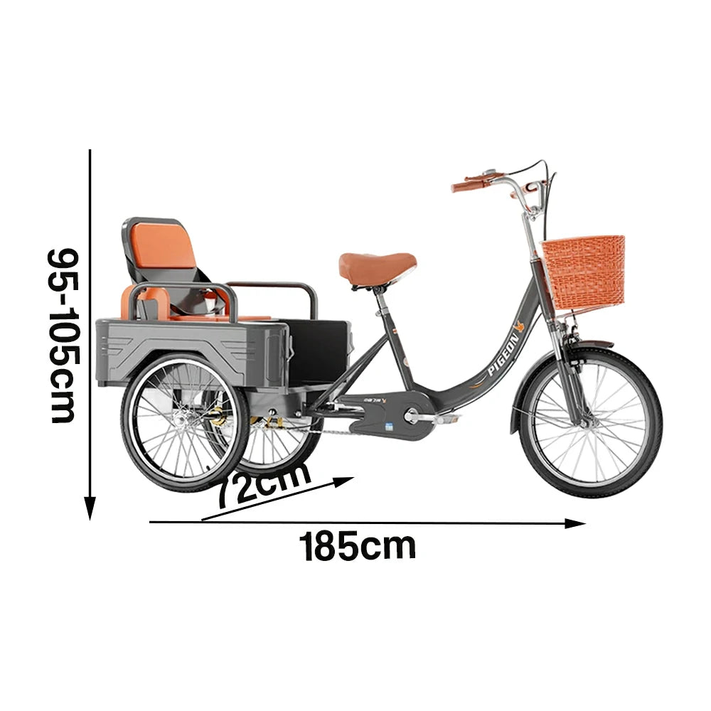 VOLTUS Tricycle High-Strength Steel Frame 300kg Max Load Dual-Shoulder Suspension Front and Rear Dual Brakes Adjustable Rear Seat Large Storage Basket - Grey