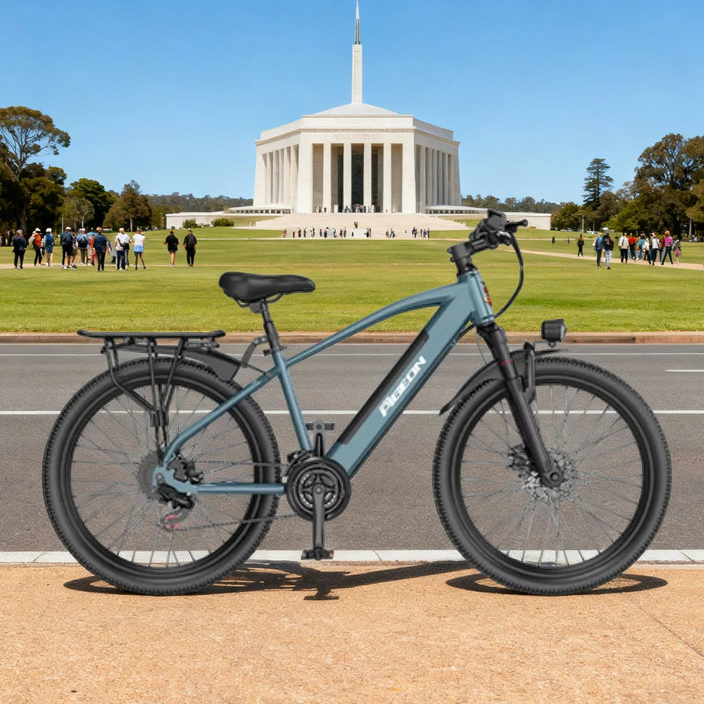 VOLTUS Electric Bike Carbon Alloy Frame Shimano 7-Speed 26-Inch Spoked Wheels with Dual Suspension and Removable Lithium Battery - Blue
