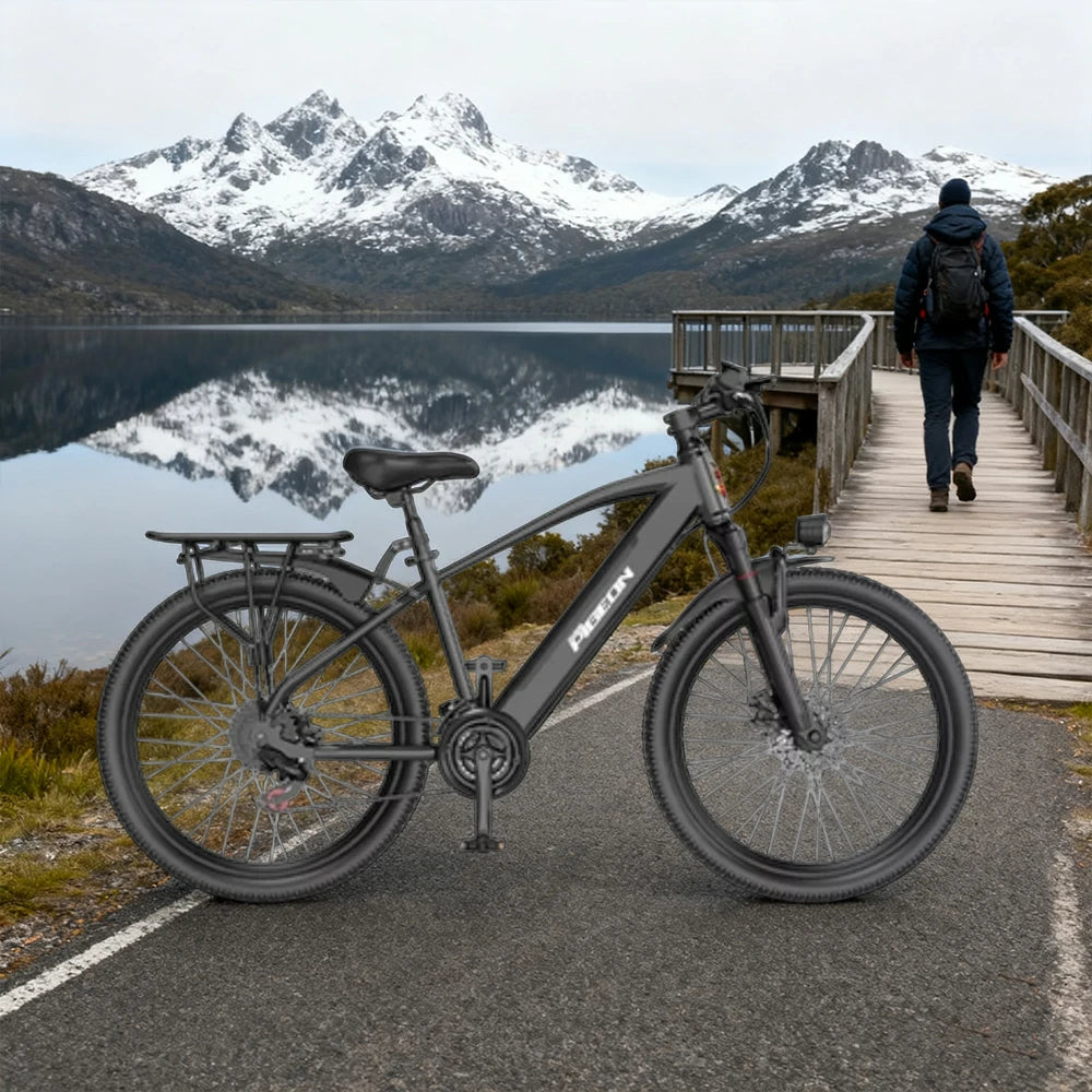 VOLTUS Electric Bike Carbon Alloy Frame Shimano 7-Speed 26-Inch Spoked Wheels with Dual Suspension and Removable Lithium Battery - Black