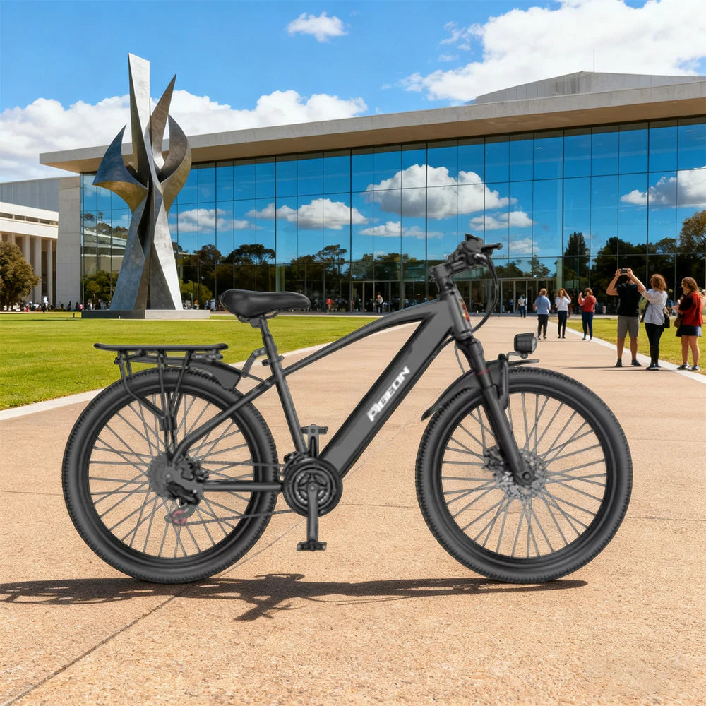 VOLTUS Electric Bike Carbon Alloy Frame Shimano 7-Speed 26-Inch Spoked Wheels with Dual Suspension and Removable Lithium Battery - Black