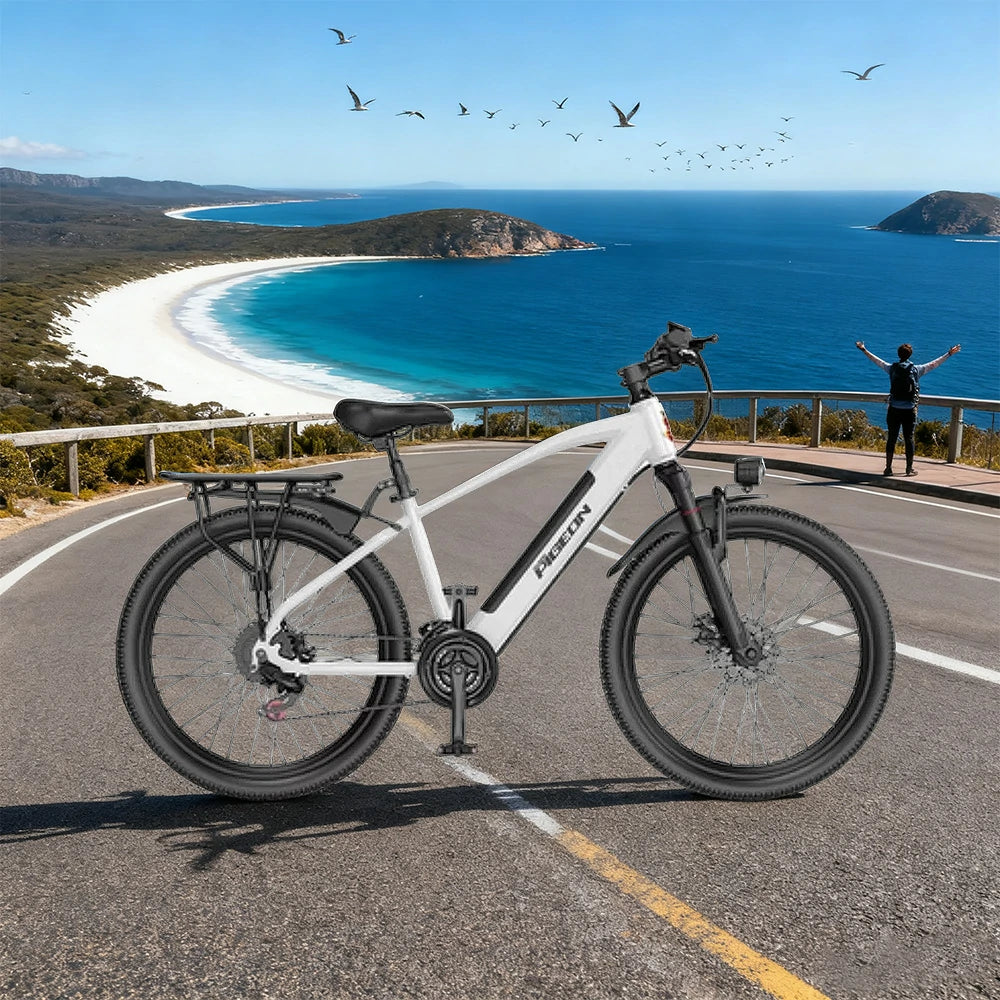 VOLTUS Electric Bike Carbon Alloy Frame Shimano 7-Speed 26-Inch Spoked Wheels with Dual Suspension and Removable Lithium Battery - White