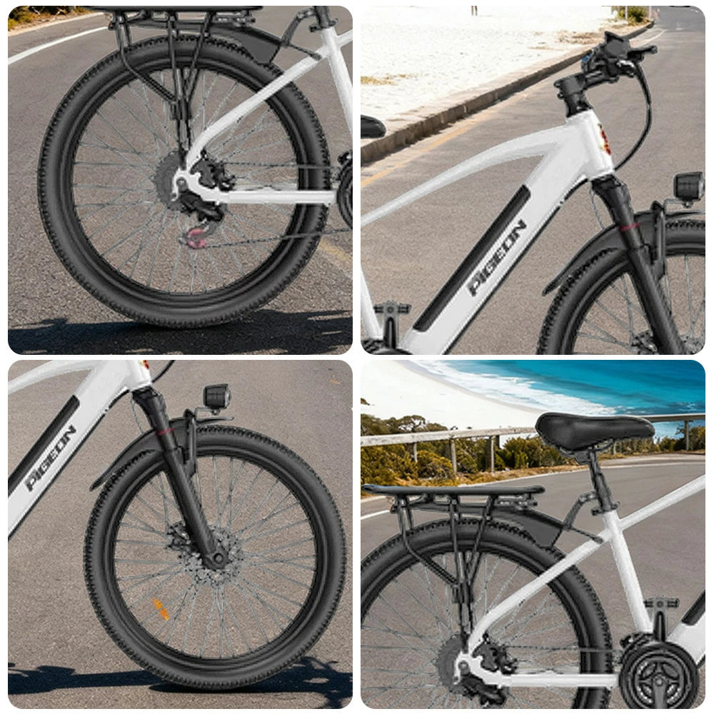 VOLTUS Electric Bike Carbon Alloy Frame Shimano 7-Speed 26-Inch Spoked Wheels with Dual Suspension and Removable Lithium Battery - White