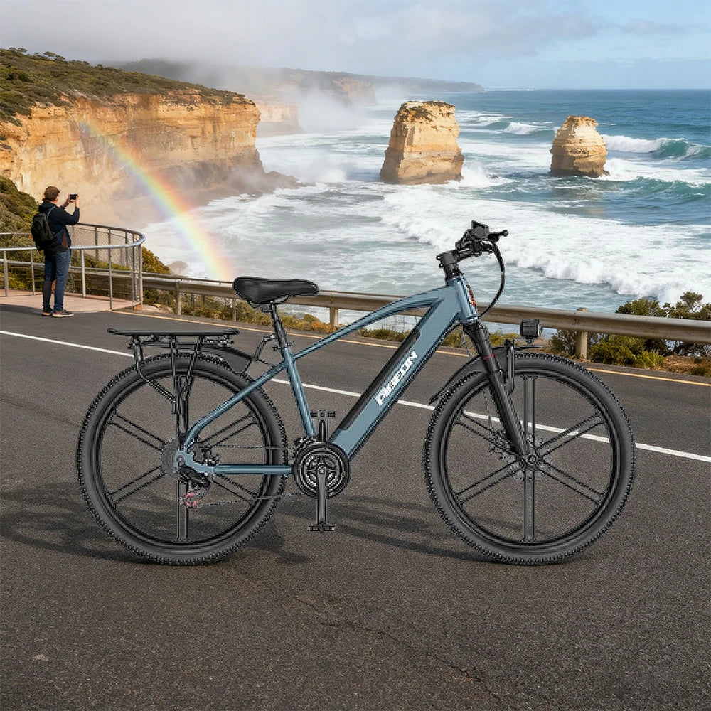 VOLTUS Electric Bike Carbon Alloy Frame Shimano 7-Speed 26-Inch Magnesium Alloy Integrated Wheels with Dual Suspension and Removable Lithium Battery - Blue