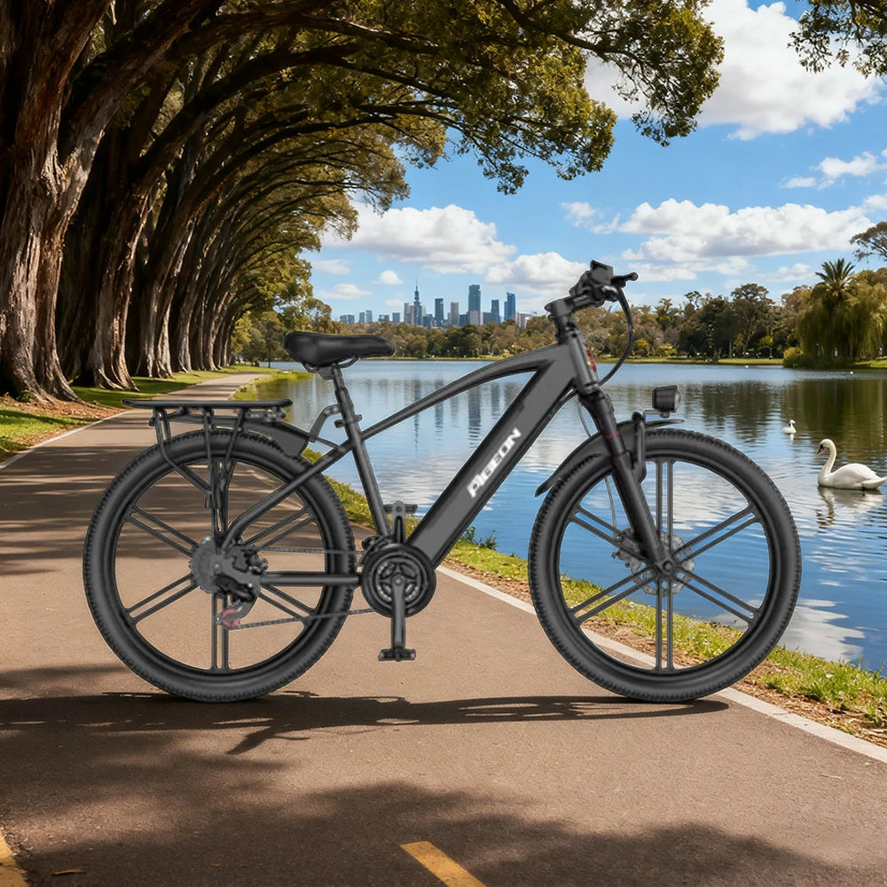 VOLTUS Electric Bike Carbon Alloy Frame Shimano 7-Speed 26-Inch Magnesium Alloy Integrated Wheels with Dual Suspension and Removable Lithium Battery - Black