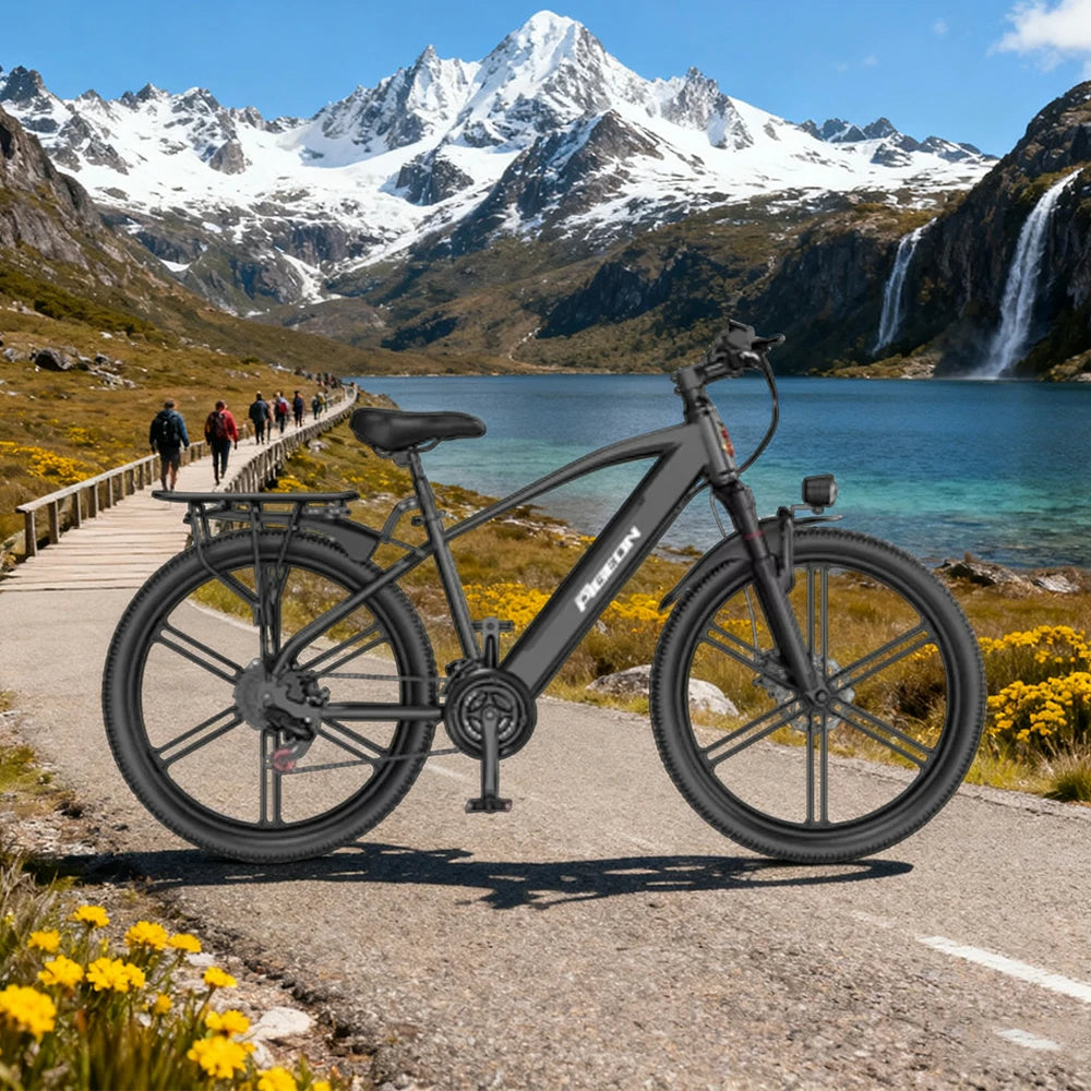 VOLTUS Electric Bike Carbon Alloy Frame Shimano 7-Speed 26-Inch Magnesium Alloy Integrated Wheels with Dual Suspension and Removable Lithium Battery - Black